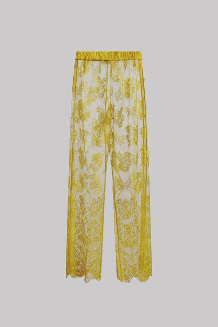 Yellow patterned sheer lace wide-leg trousers with an elastic waistband, shown against a solid gray background.