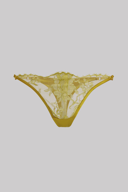 A pair of sheer yellow lace thong panties with a solid yellow waistband, shown against a solid gray background.