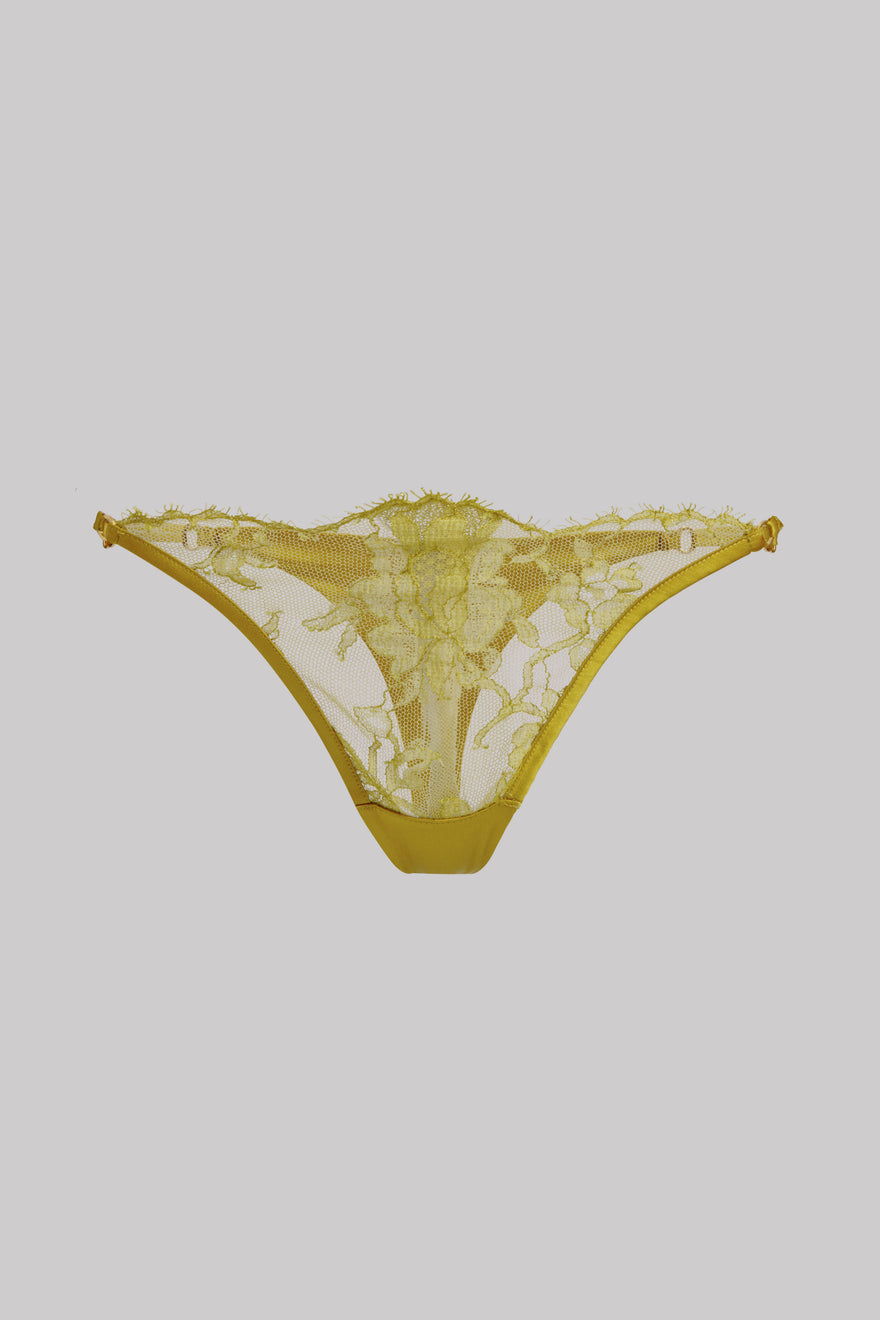 A pair of sheer yellow lace thong panties with a solid yellow waistband, shown against a solid gray background.