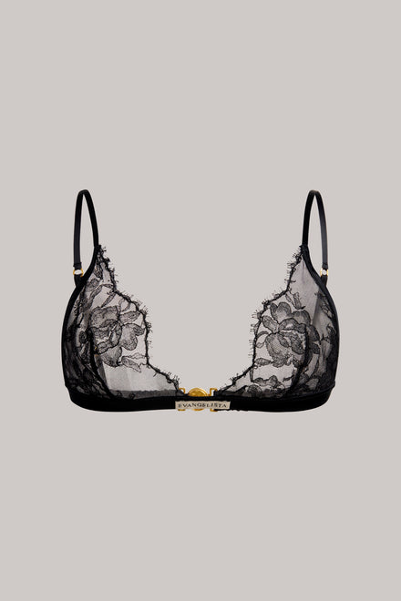 Black lace bra on a gray background