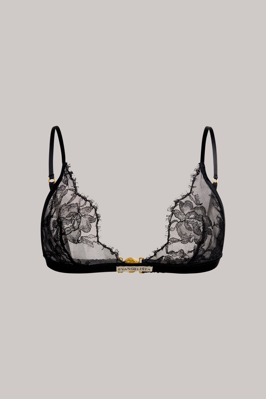 Black lace bra on a gray background