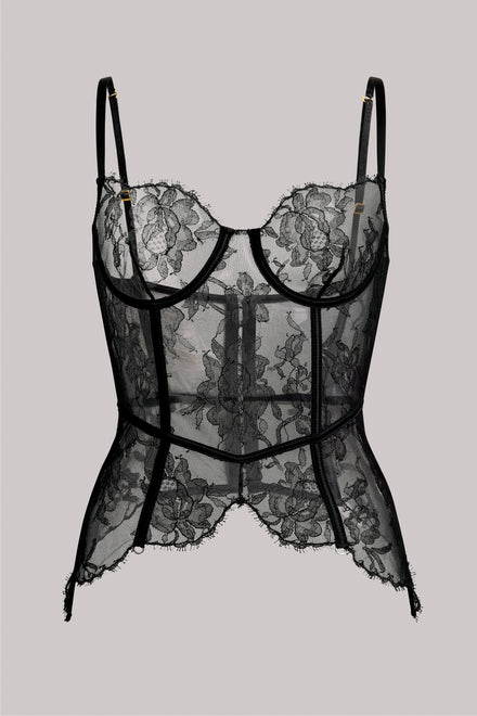 Black sheer floral lace corset-style lingerie top with thin shoulder straps and structured cups, shown flat against a light gray background.