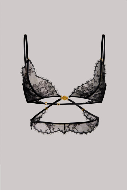 Black lace lingerie set featuring a bra with floral lace cups and thin straps, paired with a matching garter belt and waistband, accented by a central gold-tone clasp, shown against a solid gray background.