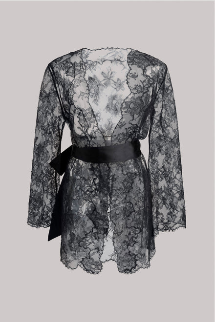 Black lace robe with a wide black satin belt, shown from the back against a solid light gray background.