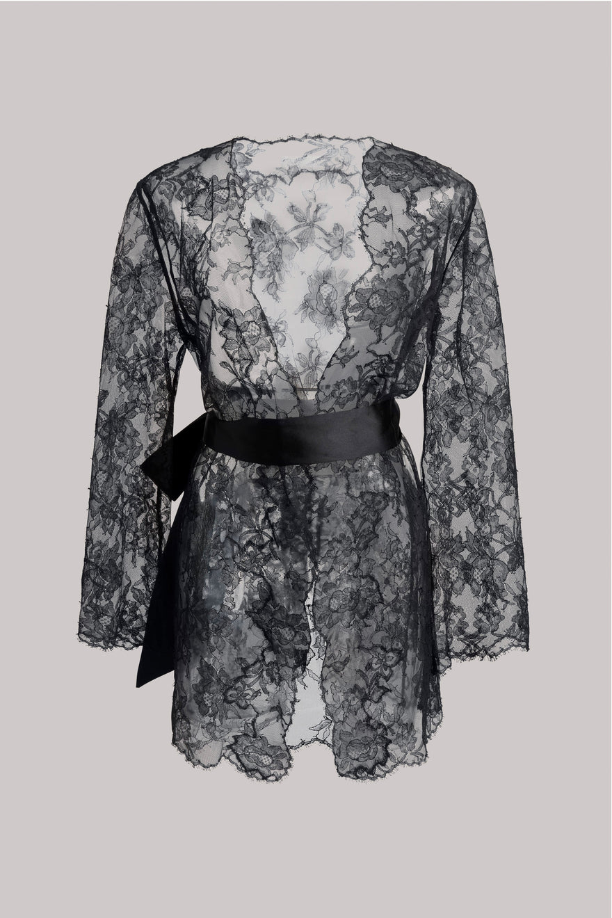 Black lace robe with a wide black satin belt, shown from the back against a solid light gray background.