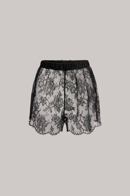Black lace shorts on a gray background