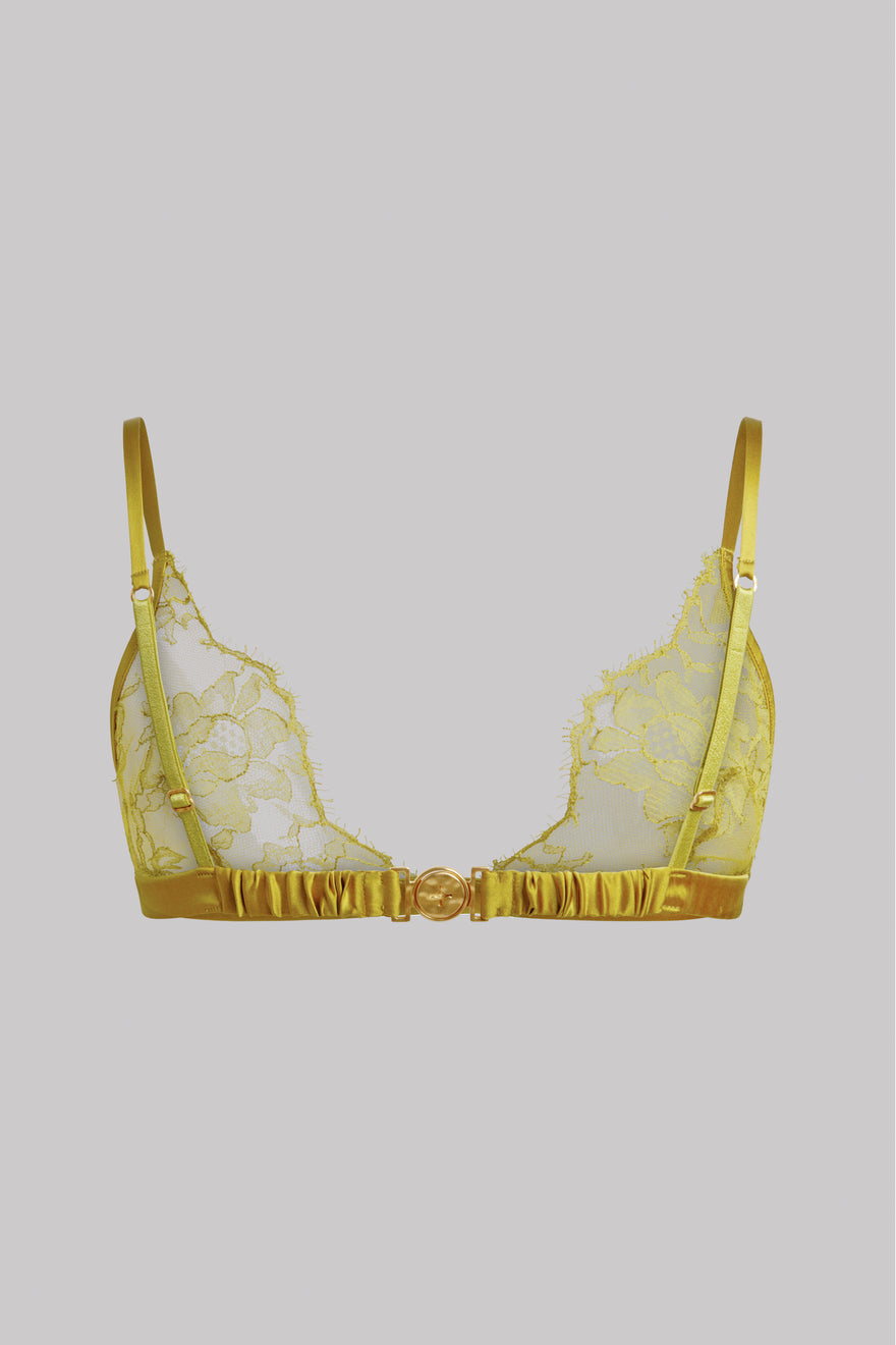 A yellow lace and satin triangle bralette with a ruffled underband and a central decorative gold-tone clasp, shown against a solid gray background.