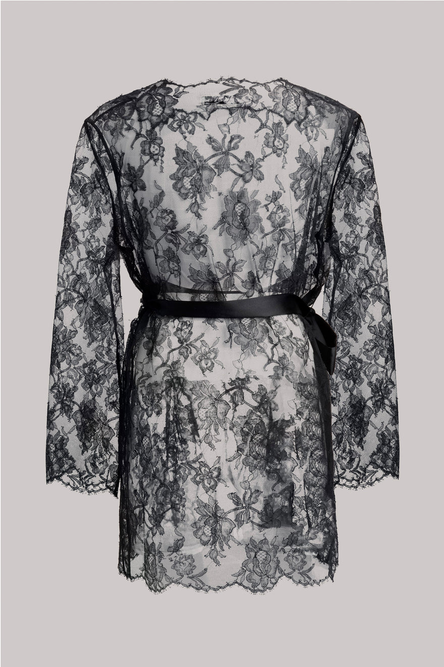 A black floral lace robe with long sleeves and a matching waist tie, shown against a solid light gray background.