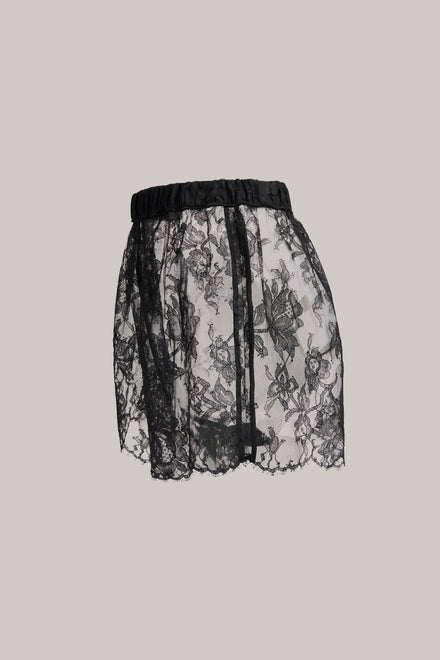 Black lace shorts on a gray background