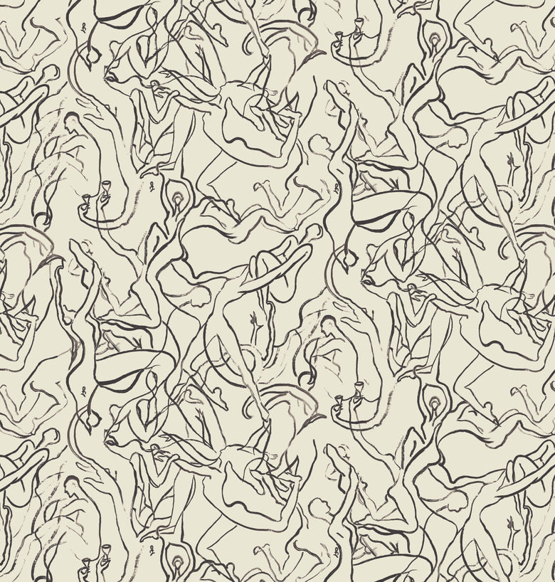 A repeating seamless pattern of hand-drawn black line art figures on a warm cream background.