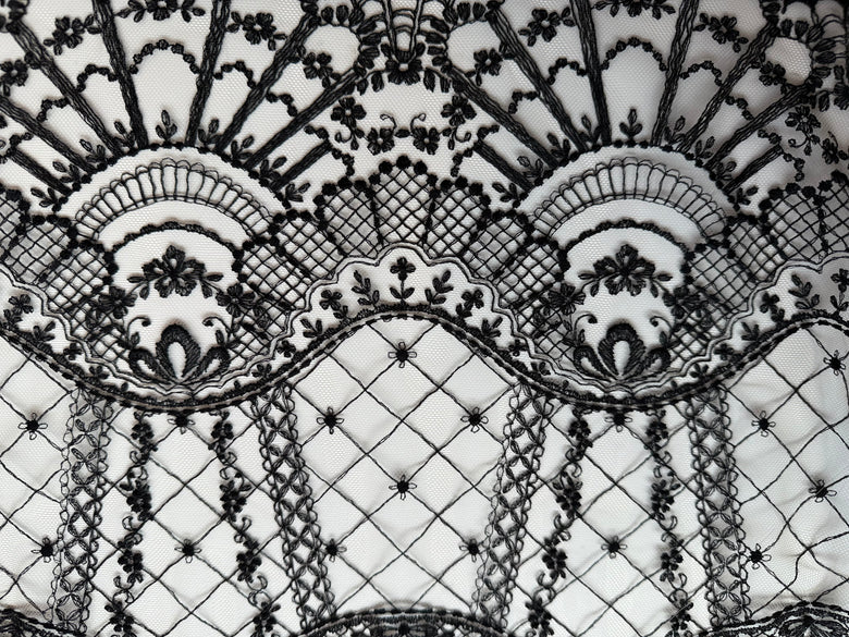 Close-up of intricate black lace pattern on a white background
